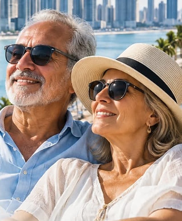 Pareja de jubilados disfrutando del sol frente a la bahía de Panamá